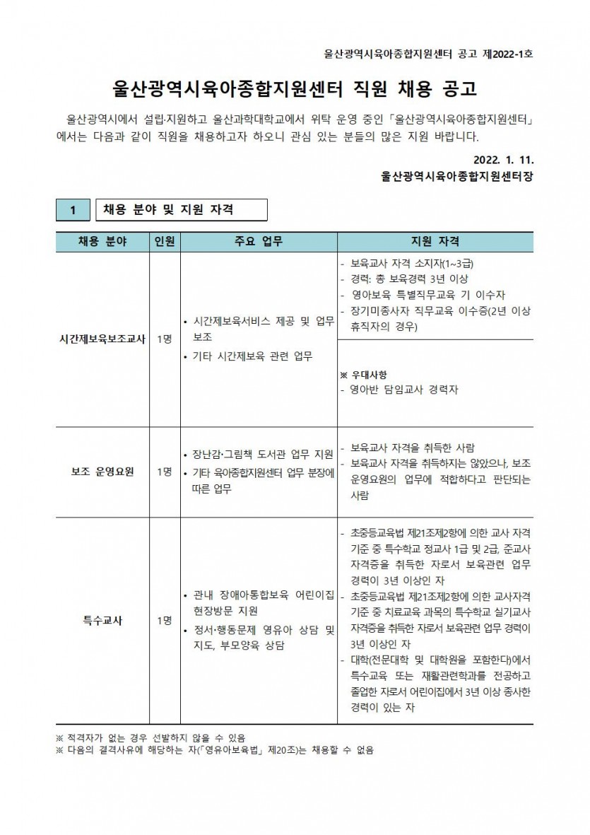 울산광역시육아종합지원센터 직원 채용 공고(제2022-1호)001.jpg